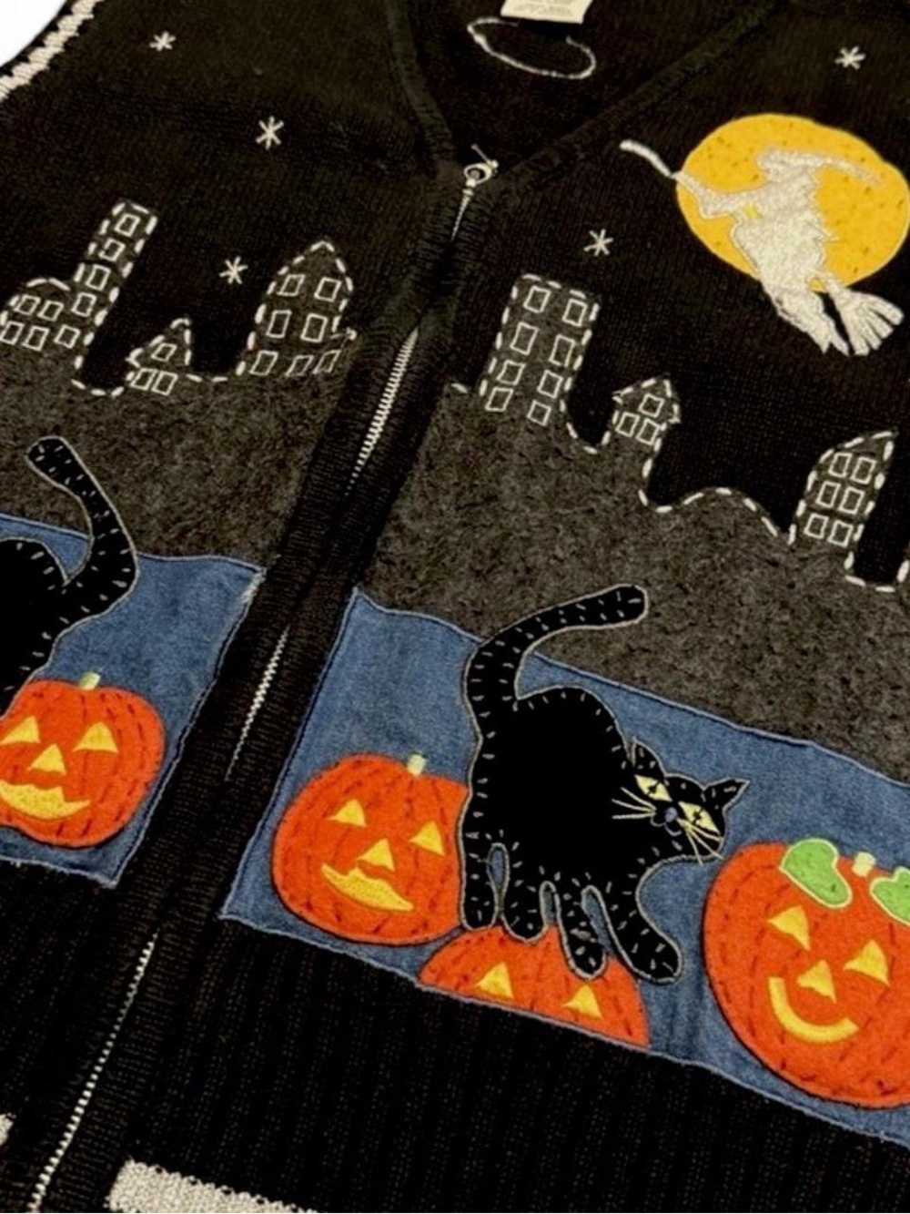 Vintage White Stag Halloween black zip sweater vest black cat pumpkins witch XL - Picture 4 of 8